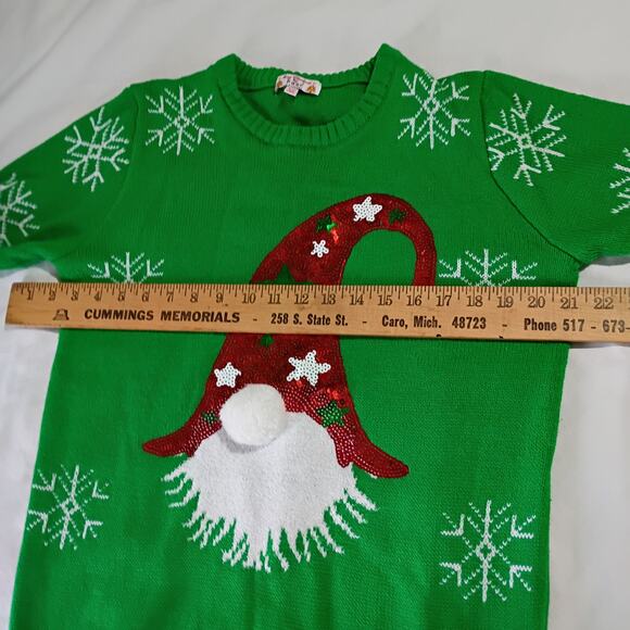Ugly Christmas Sweater Gnome Medium Sequined Green Snowflakes PomPom Nose - Picture 8 of 12